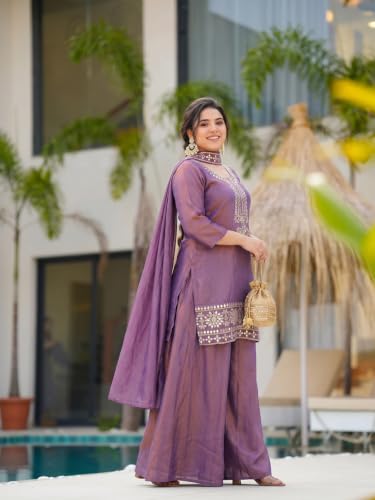 VARNI FABRICS: A lady's First Love Women's Purple Silk Blend Embroidered Straight Kurta Set With Palazzo And Dupatta