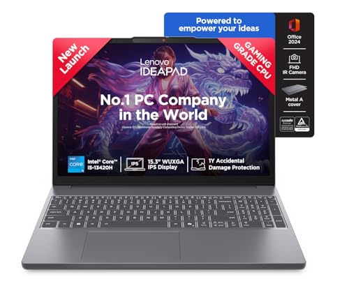 Lenovo IdeaPad Slim 3 13th Gen Intel Core i5-13420H 15.3 inch (38.8cm) WUXGA IPS Laptop (8GB RAM/512GB SSD/Windows 11/MSO 365 Basic + Office 2024/Top Metal Cover/Backlit KB/Grey/1.6Kg), 83K101MFIN