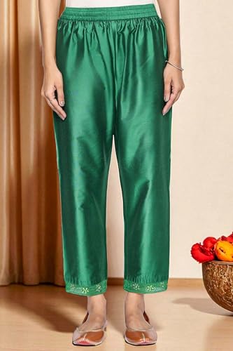 W for Woman Green Printed Chanderi Flared Kurta, Straight Pant and Dupatta Set (Size: M)-WS12961-125861