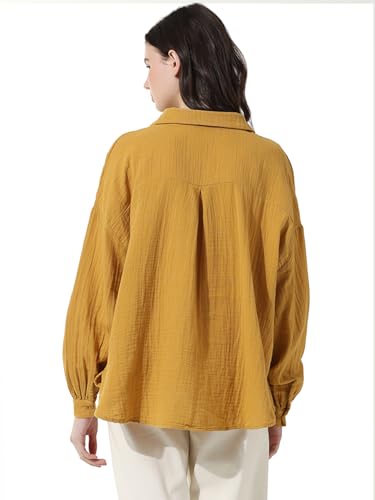 ONLY Women Solid Cotton Oversized Fit Yellow Shirt