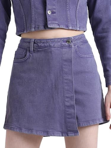 ONLY Women Solid Cotton High Rise Blue Denim Skort
