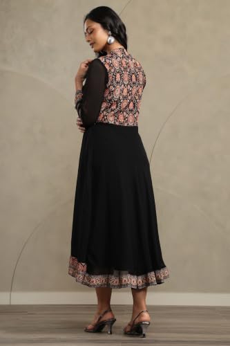 Soch Womens Black Georgette Botanical Printed Dress with Beads and Stones