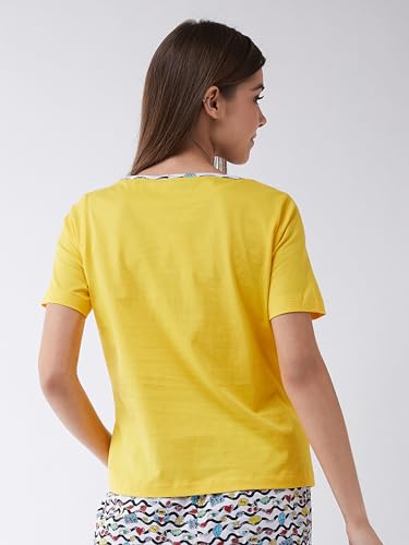 Miss Chase Women's Round Neck Short Sleeves Printed Regular Length T-Shirt (MCSS25TS99-03-29-04, Yellow, M)