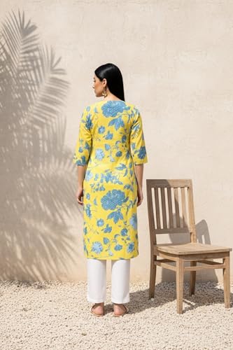 W for Woman Yellow Floral Printed Straight Cotton Kurta (W13510-127083-XL)