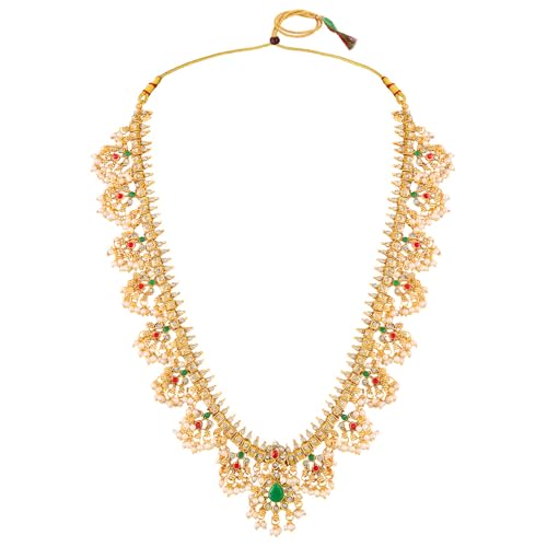 Peora Gold Plated Faux Emerald Faux Ruby & Beads Studded Choker & Long Necklace Earrings Set Ethnic Bridal Jewellery for Women