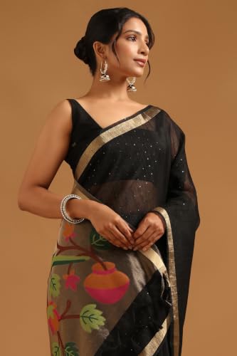 Soch Womens Black Tissue Woven Design Saree With Sequin