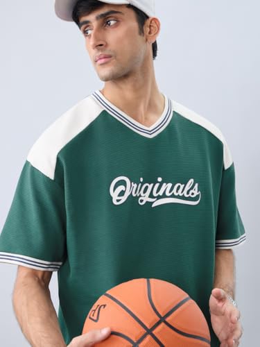 The Souled Store Racer Men and Boys Short Sleeves V-Neck Dark Green Colour-Block Retro Athletic Casual Drop Shoulder Streetwear Trendy Oversized T-Shirt