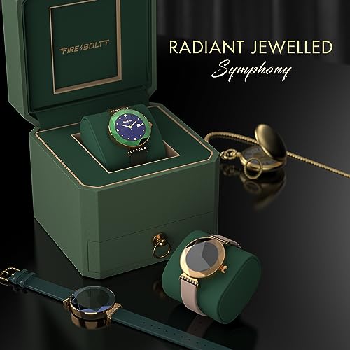 Fire-Boltt Emerald Gemstone-Studded Diamond Cut Smart Watch with 1.09” HD Display, Multiple Sports Modes, Health Suite, Wireless Charging, IP68 with Additional Stainless Steel Strap (Green)