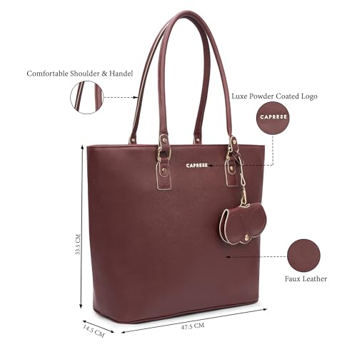 Caprese Lexi Large Laptop Tote Bag for Women | Solid Faux Leather Shoulder Handbag with Zipper Closure | External Eyewear/Sunglass Charm Case | Perfect for Office & Travel Use (Cherry Lacquer)