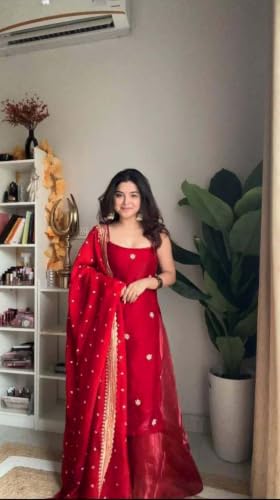 CLOTHRED HVJ Women's Red Satin Embroidered Kurta Set with Dupatta and Palazzo Pants | Festive Ethnic Suit for Women (IN, Alpha, XS, RED)