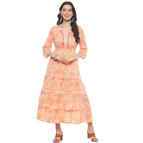 Rangriti Women Cotton Printed Tiered Dress Ankle Length Casual INDIEDRESS19134SS24PCH_Pink