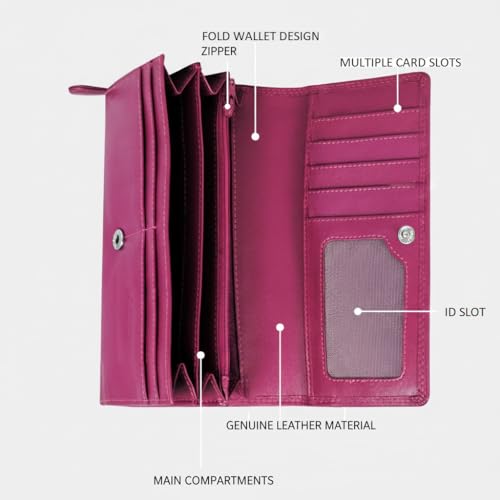 Calfnero Women's Genuine Leather Wallet-Long Purse Wallet with Multiple Card Slots, Zip Pocket and Note Compartment (Pink)
