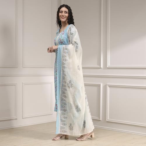 Biba Women Turquoise Chanderi Handloom Unstitched Suit Set FREE SIZE