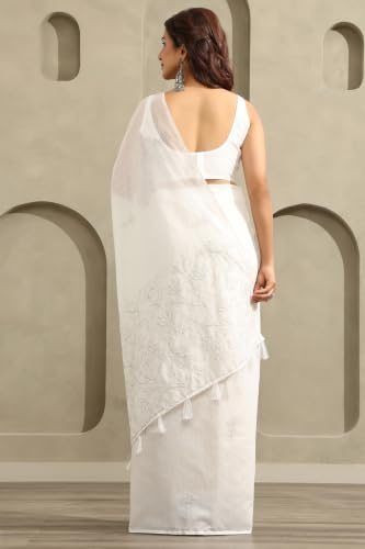 Soch Womens Grey Tussar Botanical Embroidered Saree
