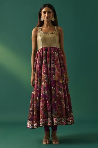 Wishful Women's Maroon Floral Printed Embellished Anarkali Kurta with Churidar and Dupatta Set - (SP12850-401147-XXL)