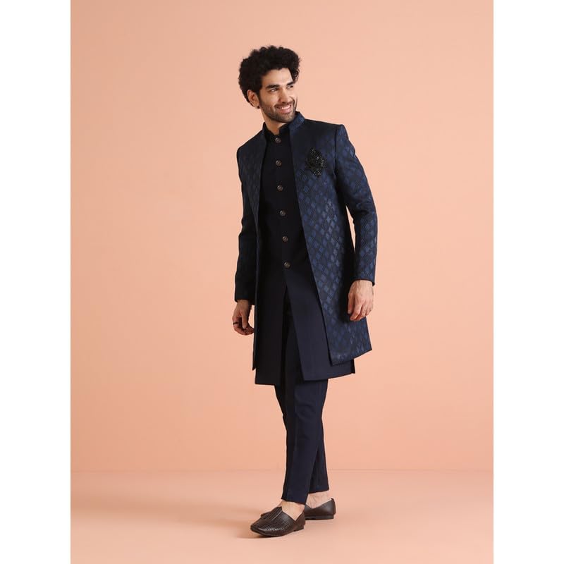 KISAH Mens Jacket Sherwani Trouser Set|Silk Blend Fabric Jacquard Pattern Indo-Western Sherwani Set for Men|Regular Fit Mandarin Collar Long Sleeves, Navy Blue, 44