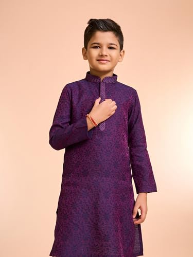Manyavar Boys Viscose Blend Neck Embroidered Kurta Pyjama Set (Purple,5-6Y)