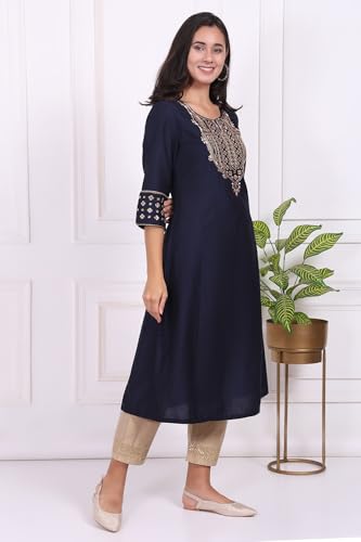 W for Woman Navy Blue Embroidered Straight Kurta - (W11970-222877-XS)