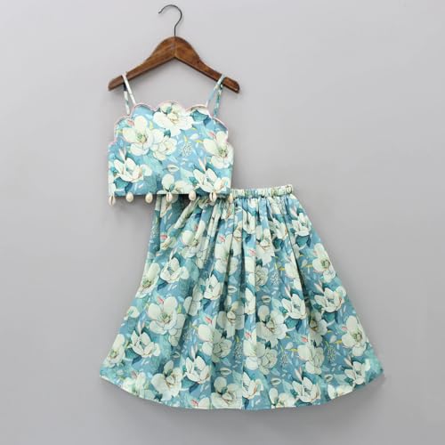 Leons Fab Girl's Floral Printed Scalloped Cut Back Tie Knot Top With Lehenga (11-12 Years, Green)