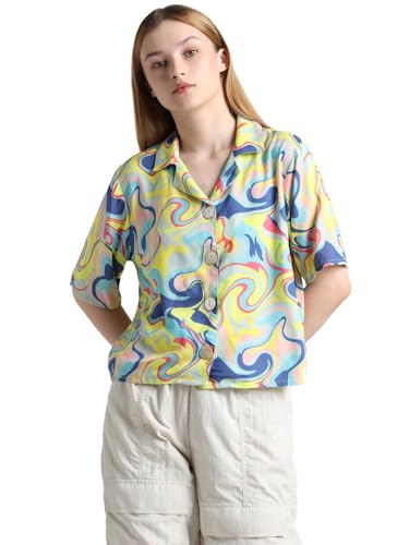 ONLY Women Printed Viscose Regular Fit Yellow Shirt