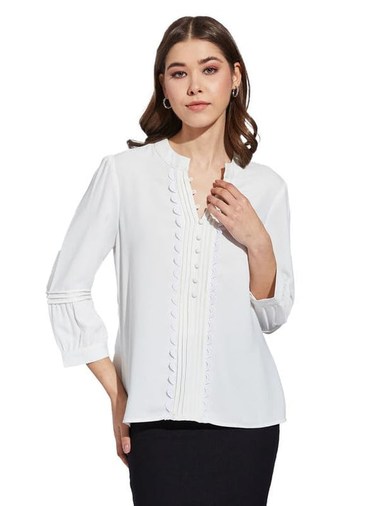 Latin Quarters Women White V-Neck 3/4th Sleeve Solid Tunic Blouse_S