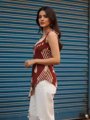 Dora Dori Women Viscose Rayon Ikkat Printed Kurti | Round Neck Sleeveless Asymmetric Hemline Corset Back Tie-Up Detailing | Maroon and Beige Short Kurti for Women | Casual, Office & Daily Ethnic Wear