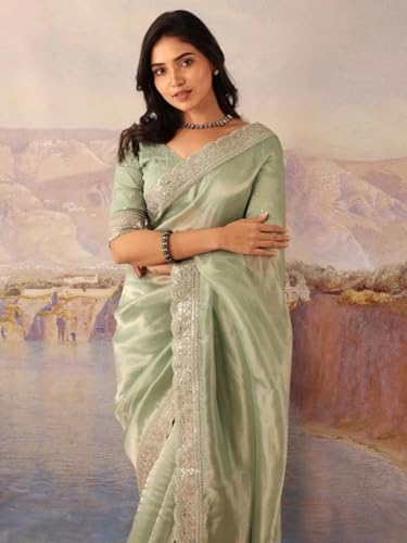 AKHILAM Women's Sea Green Organza Embellished Saree With Unstitched Blouse Piece (BITTI651_JR)