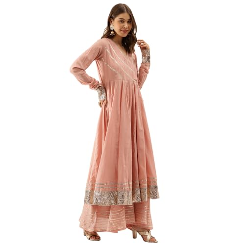 Divena Peach Solid Cotton gota Work Kurta set with Dupatta