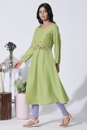 W for Woman Green Embroidered A-line Cotton Kurta and Tights Set_23FEWS18441-218446_2XL