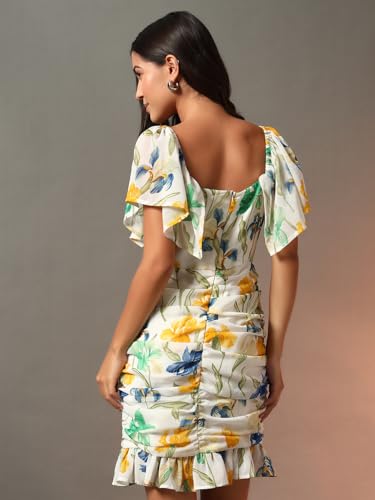 Trend Arrest.ed Women's Floral Ruched Mini Dress | Off-Shoulder Ruffle Neckline | Fully Lined Short Dress | Casual Summer Brunch & Vacation Wear (D5271_Cream 2_L)