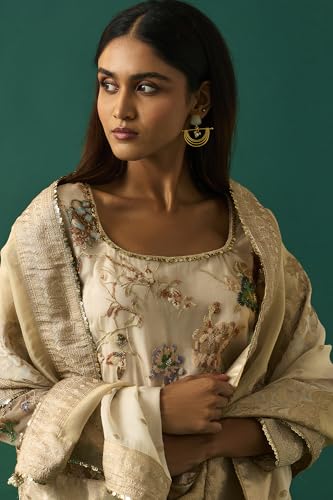 Wishful Women's Beige Floral Embroidered Tissue Straight Kurta with Sharara and Dupatta Set - (SP11495-401103-XXL)