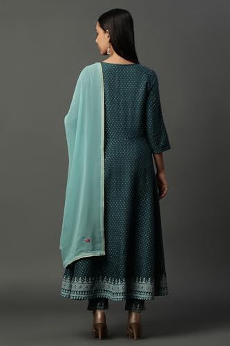 W for Woman Women's Rayon Kurta, Straight Pant & Dupatta (23AUSTWS10104-119928_Teal Green
