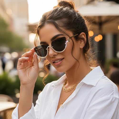 Luxury Rimless Cat Eye Sunglasses for Women | Premium UV Protected Fashion Sunglasses | Stylish Lightweight Designer Shades for Driving, Travel, Beach & Outdoor Wear (Black)