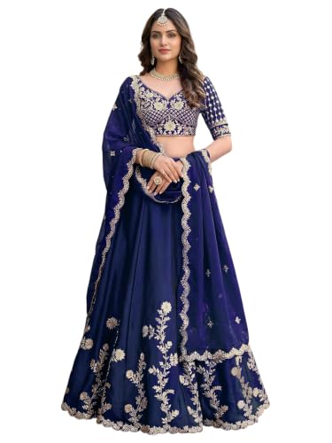 Zeel Clothing Women's Thread and Sequins Embroidered Work Silk Lehenga Choli With Dupatta (5135-Blue-Women-Lehenga-Choli-Latest; Free size) (Blue)