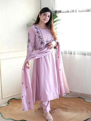 Nefer Women's Chanderi Silk Salwar Suit with Dupatta - Embroidered Kurta Trouser Set - Light Lavender