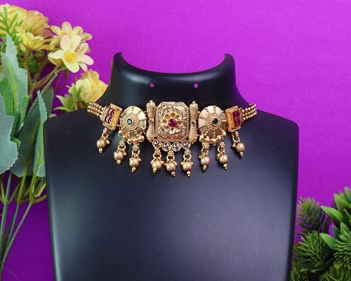 Khannak Traditional Rajwadi Gold-Toned Choker Necklace and Earrings Set with Red and Green Stones for Women for Wedding,Festivals and Occassions