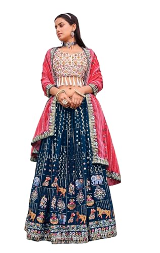 Divine Exim Women's Georgette Semi Stitched Lehenga Choli with Dupatta | Thread and Sequin Embroidery Pattern | Traditional, Wedding, Ethnic Wear Lehenga (Blue)
