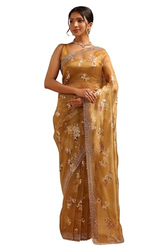 Soch Womens Gold Organza Floral Saree With Stone Work
