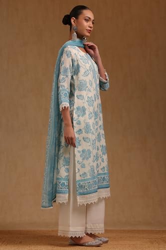 Soch Womens Off White Linen Botanical Printed Salwar Suit With Beads