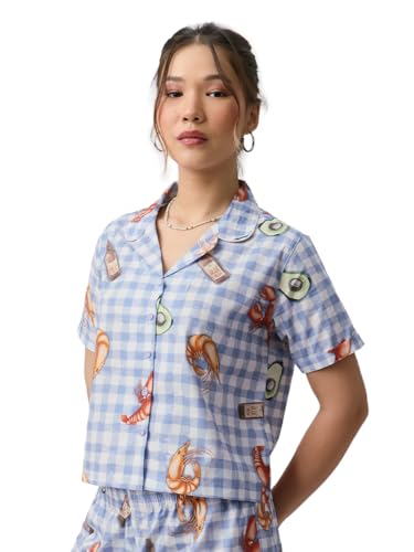 The Souled Store Let's Chill Women and Girls Short Sleeves Lapel Collar Light Blue and White Graphic Printed Cotton Regular Fit Lightweight Everyday Shirt