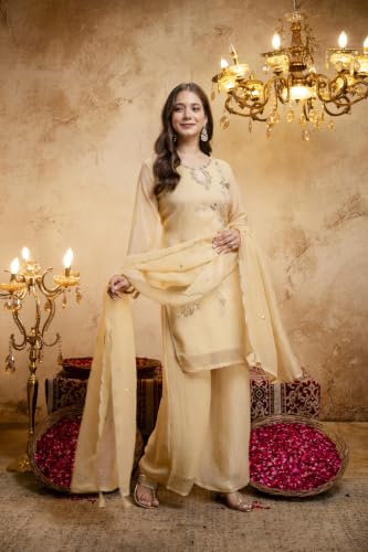 Women's Embroidered Silk Blend Kurta Set With Dupatta And Palazzo