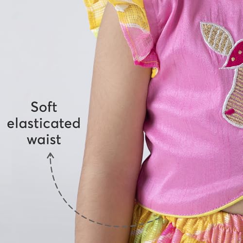 Hopscotch Girls Short Sleeves Yellow 3-Pc Embroidered Lehenga Set For Ages (5-6 Years)