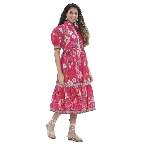 Biba Women's Cotton Tiered Floor Length Dresses (SMBLS3012SS25PNK_Pink