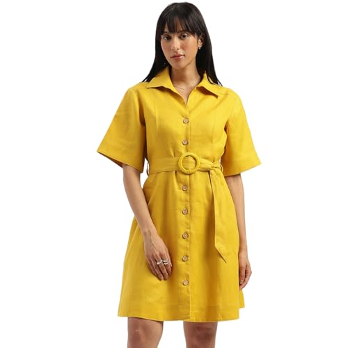 UNITED COLORS OF BENETTON Shirt Collar Solid A-Line Dress (Size: S)-25P4WVNDR150I901 Yellow