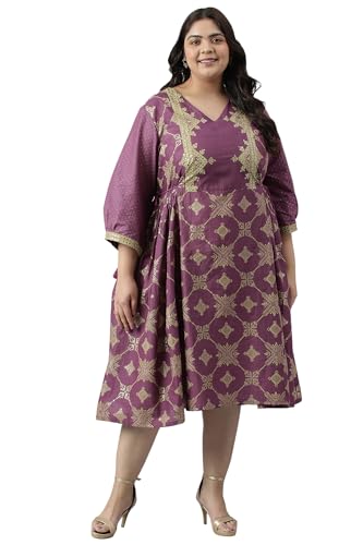 W for Woman Women's Cotton Plus Size Purple Festive Gathered Dress with Sequin Calf Length Orchid