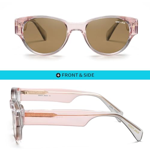 grey jack Oval TR90 Frame Polarized Sunglasses for Men Women,Classic Restro UV Protected Eyewear 3319 Transparent Pink Frame Brown Lens