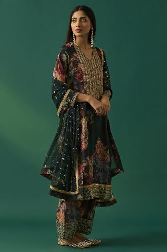 Wishful Women's Green Floral Printed Embellished Straight Kurta with Salwar and Dupatta Set - (SP12851-126770-S)