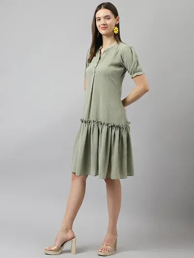 Stylish Olive Georgette Solid A-Line Dress For Women