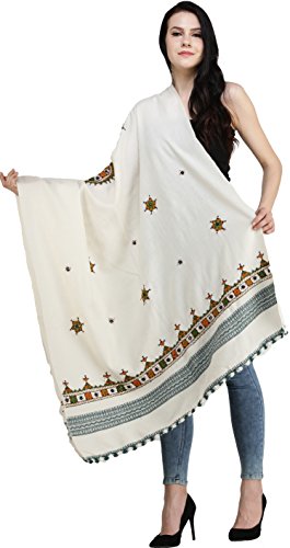 Exotic India Women's Shawl from Kutch with Central Embroidered Chakra and Mirrors Pure Wool Shawl (SWD54--frozen-dew)