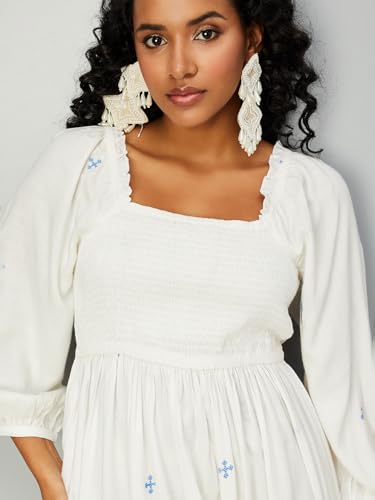 Max Below The Knee Women's Square Neck Smocked A-Line Dress (Embdrs41001Off White)_M